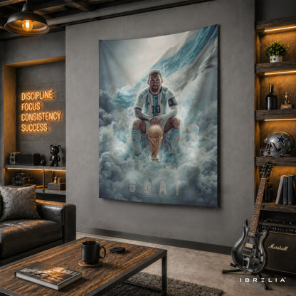 Lionel Messi GOAT World Champion Wall Tapestry | Premium Heavyweight Jute Fabric Wall Hanging