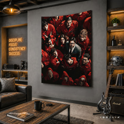 Money Heist Team Portrait Wall Tapestry | Premium Heavyweight Jute Fabric Wall Hanging