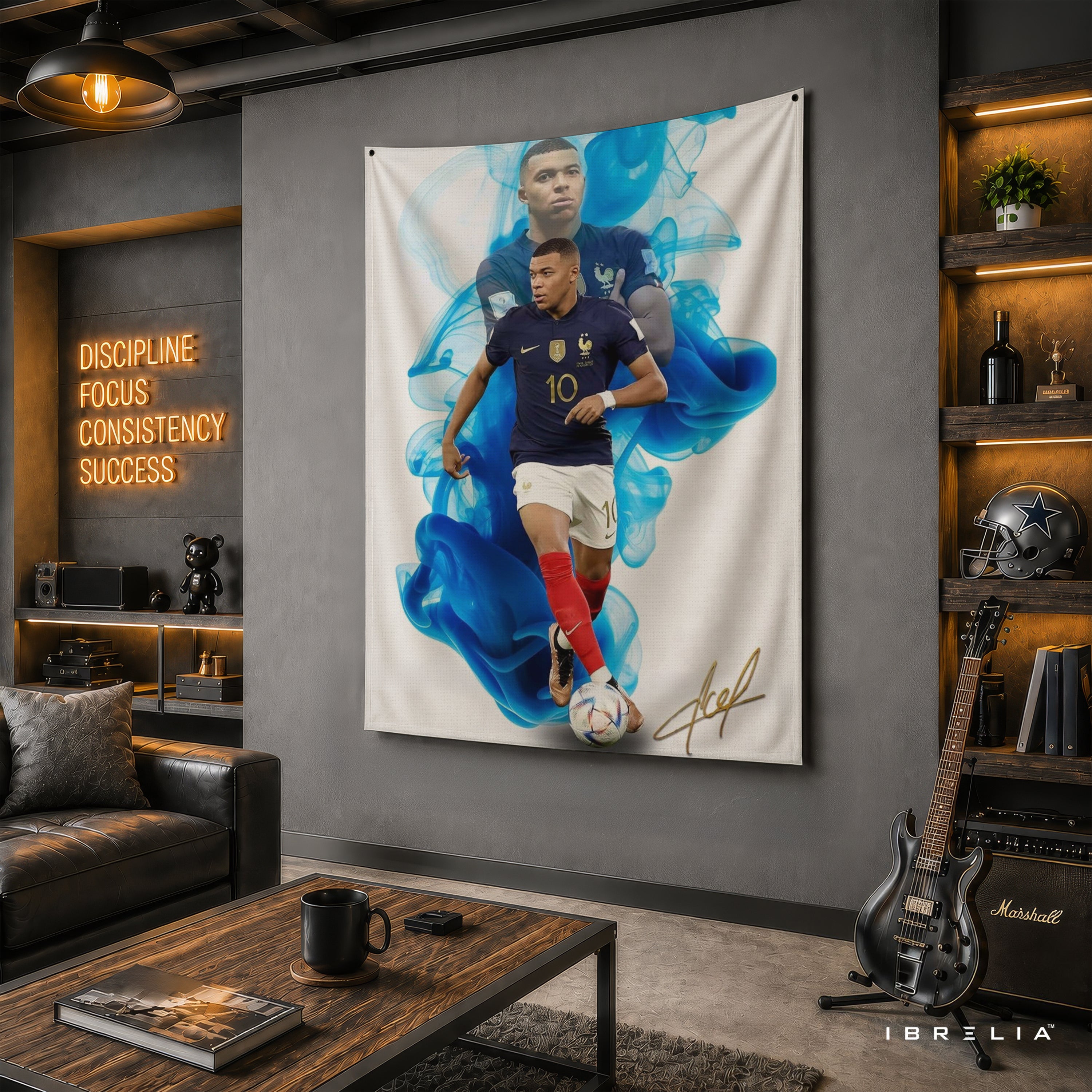Kylian Mbappé Blue Smoke France Wall Tapestry | Premium Heavyweight Jute Fabric Wall Hanging