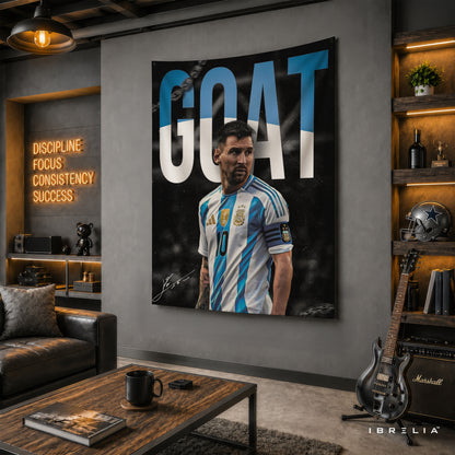 Lionel Messi GOAT Argentina Wall Tapestry | Premium Heavyweight Jute Fabric Wall Hanging