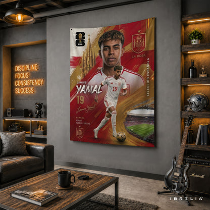 Lamine Yamal Spain Champion Edition Wall Tapestry | Premium Heavyweight Jute Fabric Wall Hanging