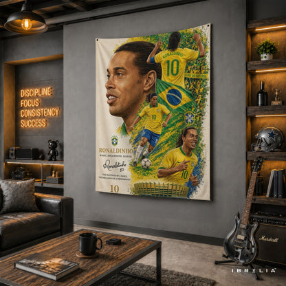 Ronaldinho Brazil Legend Wall Tapestry | Premium Heavyweight Jute Fabric Wall Hanging