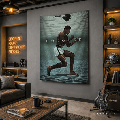 Muhammad Ali Conquer Wall Tapestry | Premium Heavyweight Jute Fabric Wall Hanging