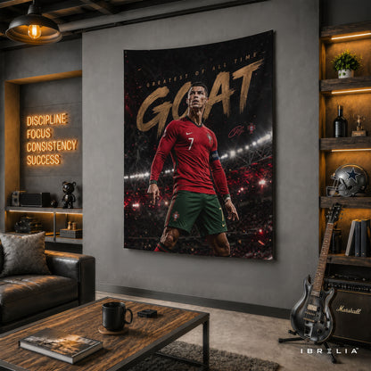 Cristiano Ronaldo GOAT Wall Tapestry | Premium Heavyweight Jute Fabric Wall Hanging