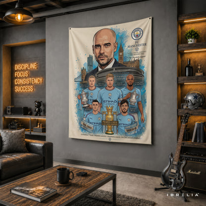 Pep Guardiola Manchester City Legend Wall Tapestry | Premium Heavyweight Jute Fabric Wall Hanging