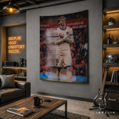 Lamine Yamal Signature Celebration Wall Tapestry | Premium Heavyweight Jute Fabric Wall Hanging