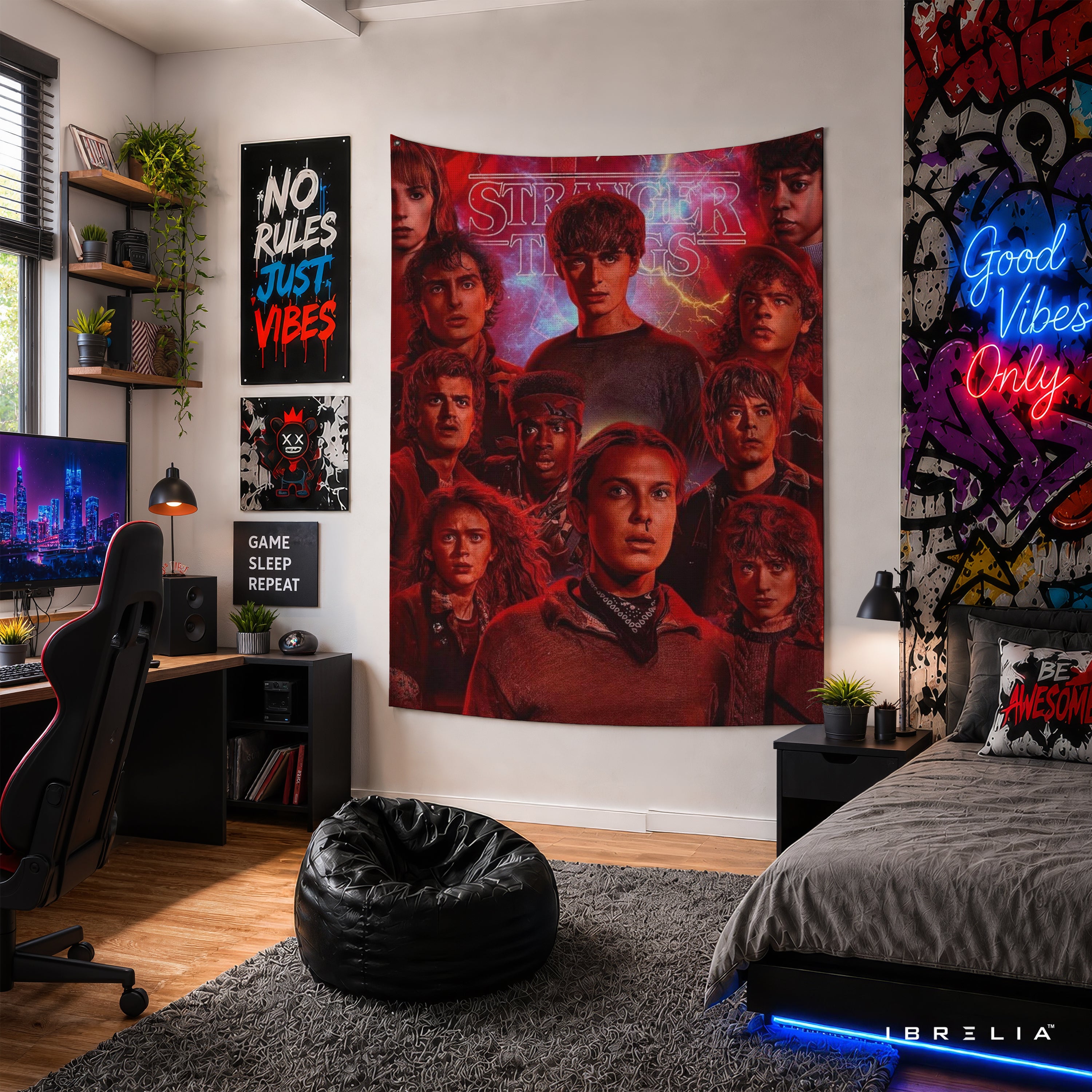 Stranger Things Character Collage Wall Tapestry – Retro Netflix Series Wall Hanging