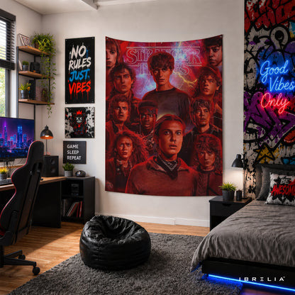 Stranger Things Character Collage Wall Tapestry – Retro Netflix Series Wall Hanging