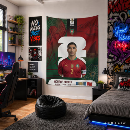 Achraf Hakimi Morocco World Cup 2026 Wall Tapestry | Premium Heavyweight Jute Fabric Wall Hanging