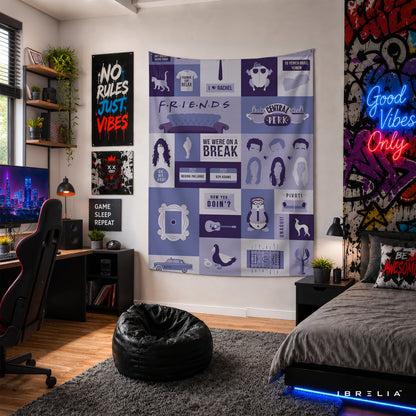 Friends Icon Collage Wall Tapestry – Central Perk Minimal Sitcom Decor