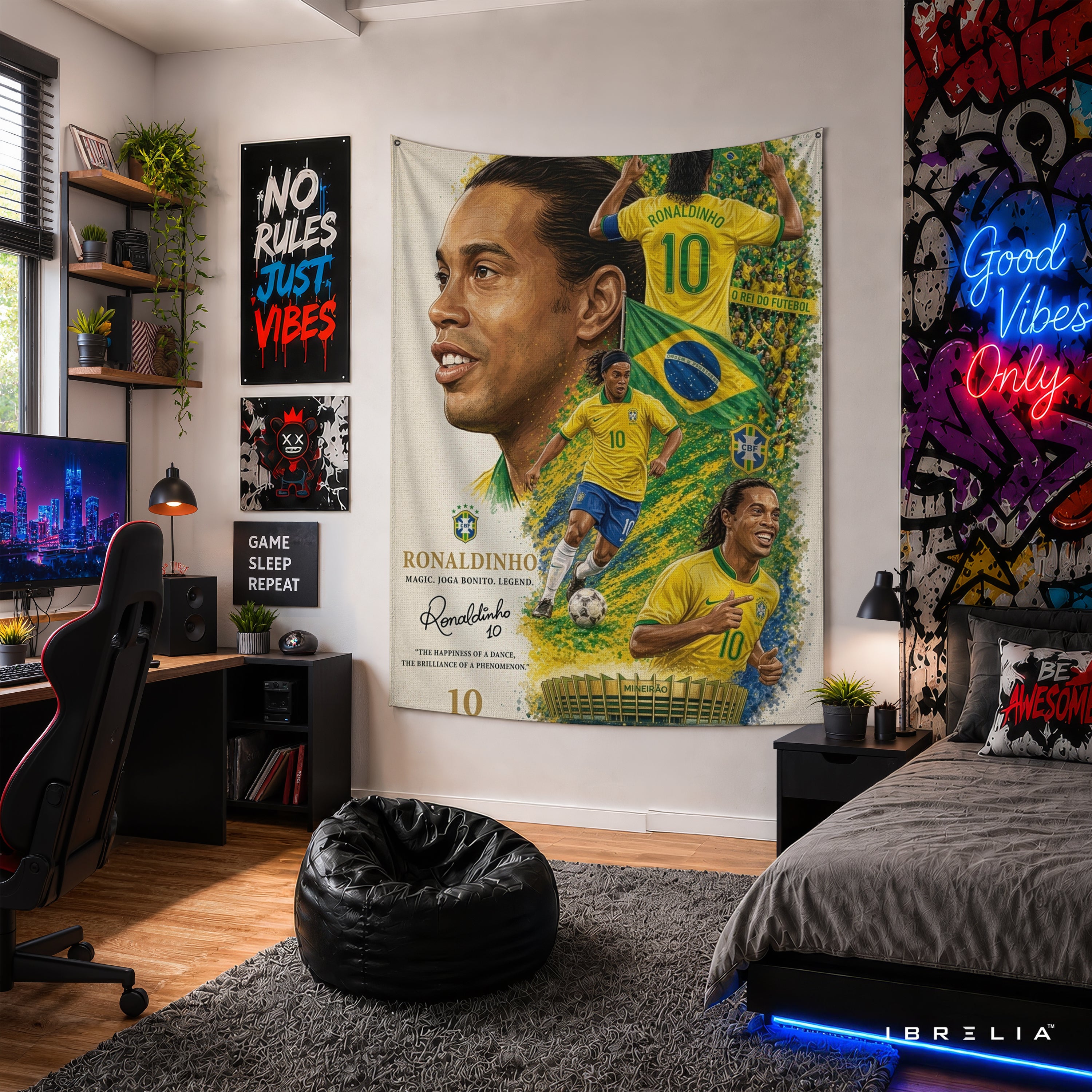 Ronaldinho Brazil Legend Wall Tapestry | Premium Heavyweight Jute Fabric Wall Hanging