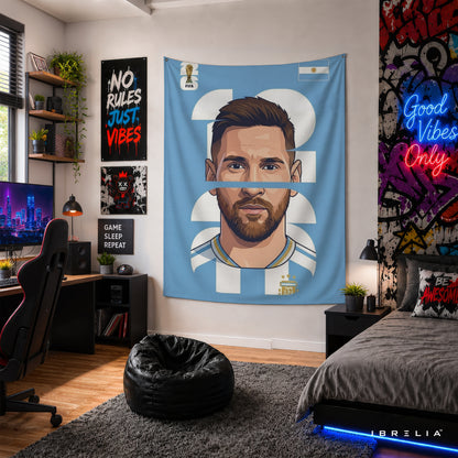 Lionel Messi Argentina Minimal Portrait Wall Tapestry | Premium Heavyweight Jute Fabric Wall Hanging