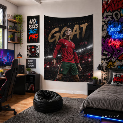 Cristiano Ronaldo GOAT Wall Tapestry | Premium Heavyweight Jute Fabric Wall Hanging