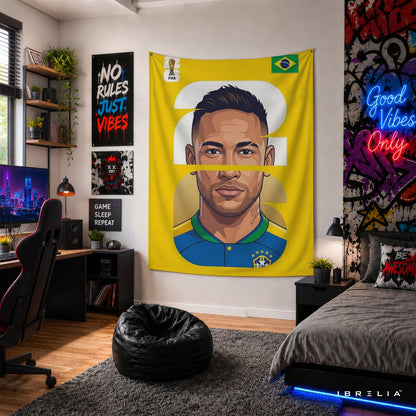 Neymar Jr Brazil Minimal Portrait Wall Tapestry | Premium Heavyweight Jute Fabric Wall Hanging