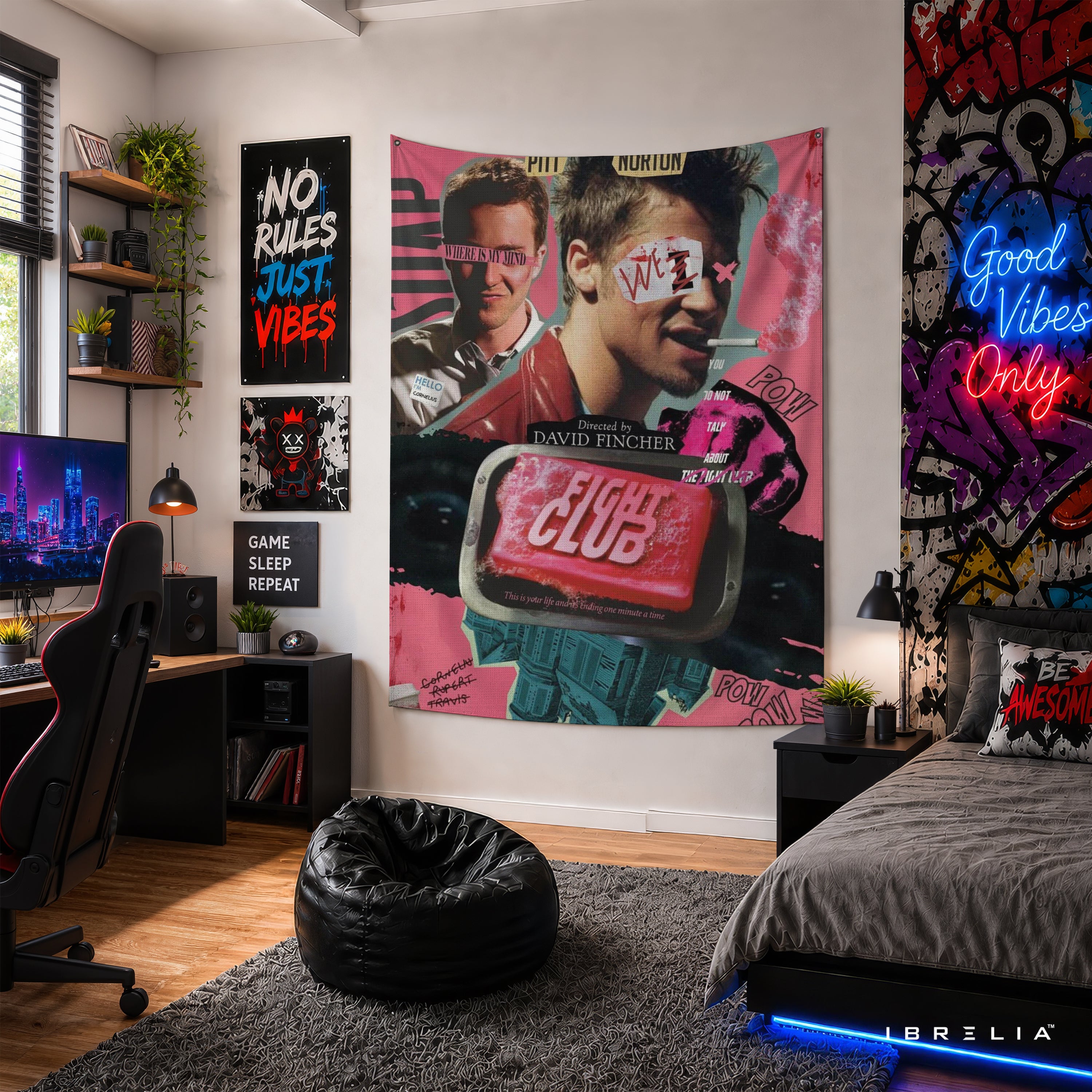 Fight Club Collage Wall Tapestry – Vintage Pink Cult Movie Wall Hanging