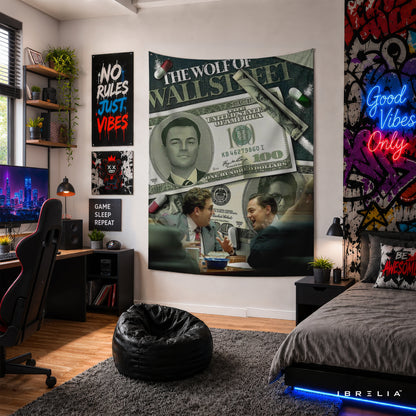 The Wolf of Wall Street Money Collage Wall Tapestry – Luxury Finance Movie Inspired Wall Hanging