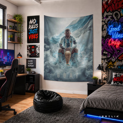 Lionel Messi GOAT World Champion Wall Tapestry | Premium Heavyweight Jute Fabric Wall Hanging