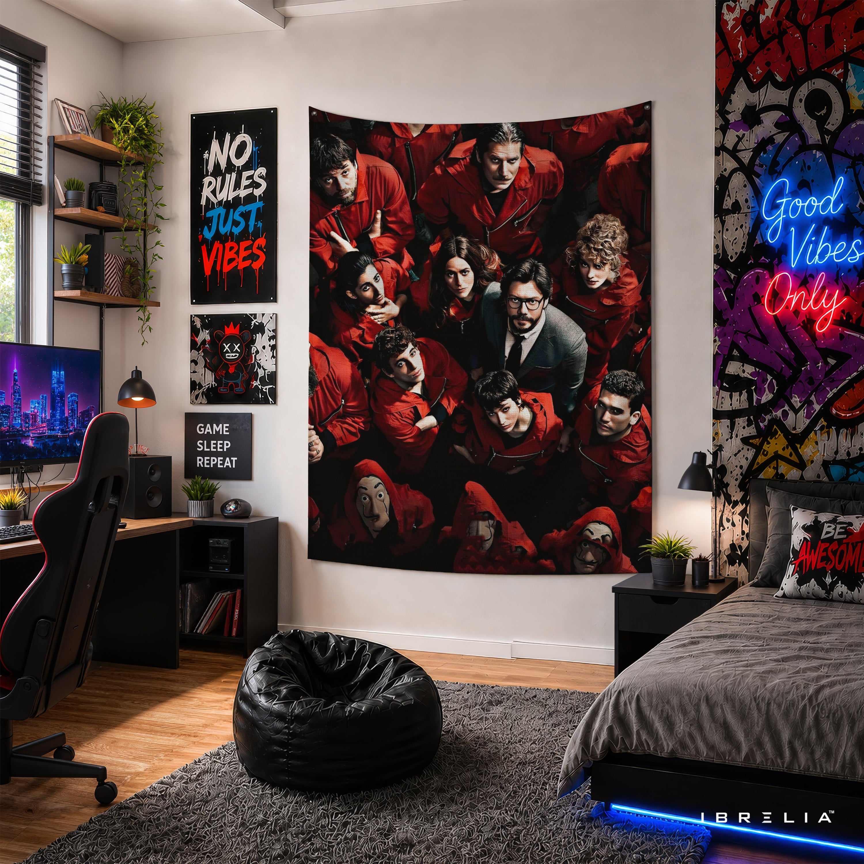 Money Heist Team Portrait Wall Tapestry | Premium Heavyweight Jute Fabric Wall Hanging