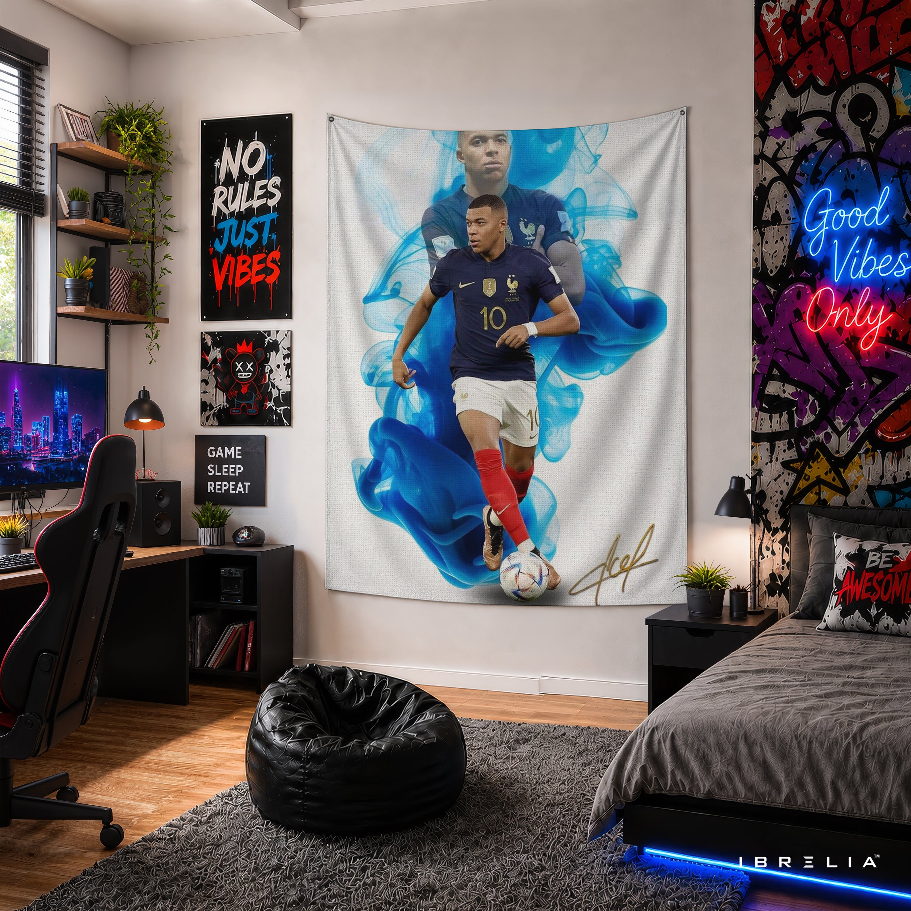 Kylian Mbappé Blue Smoke France Wall Tapestry | Premium Heavyweight Jute Fabric Wall Hanging
