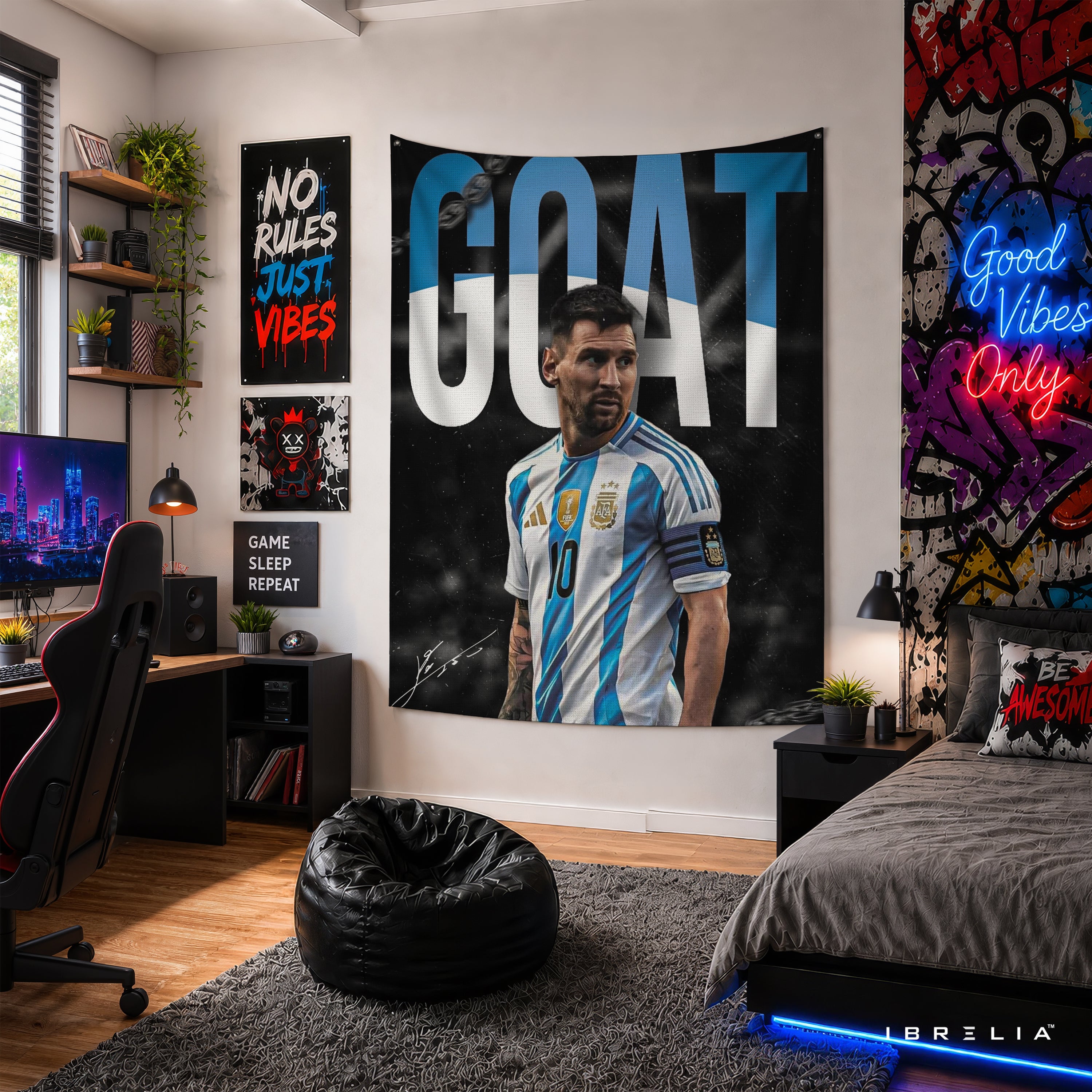 Lionel Messi GOAT Argentina Wall Tapestry | Premium Heavyweight Jute Fabric Wall Hanging