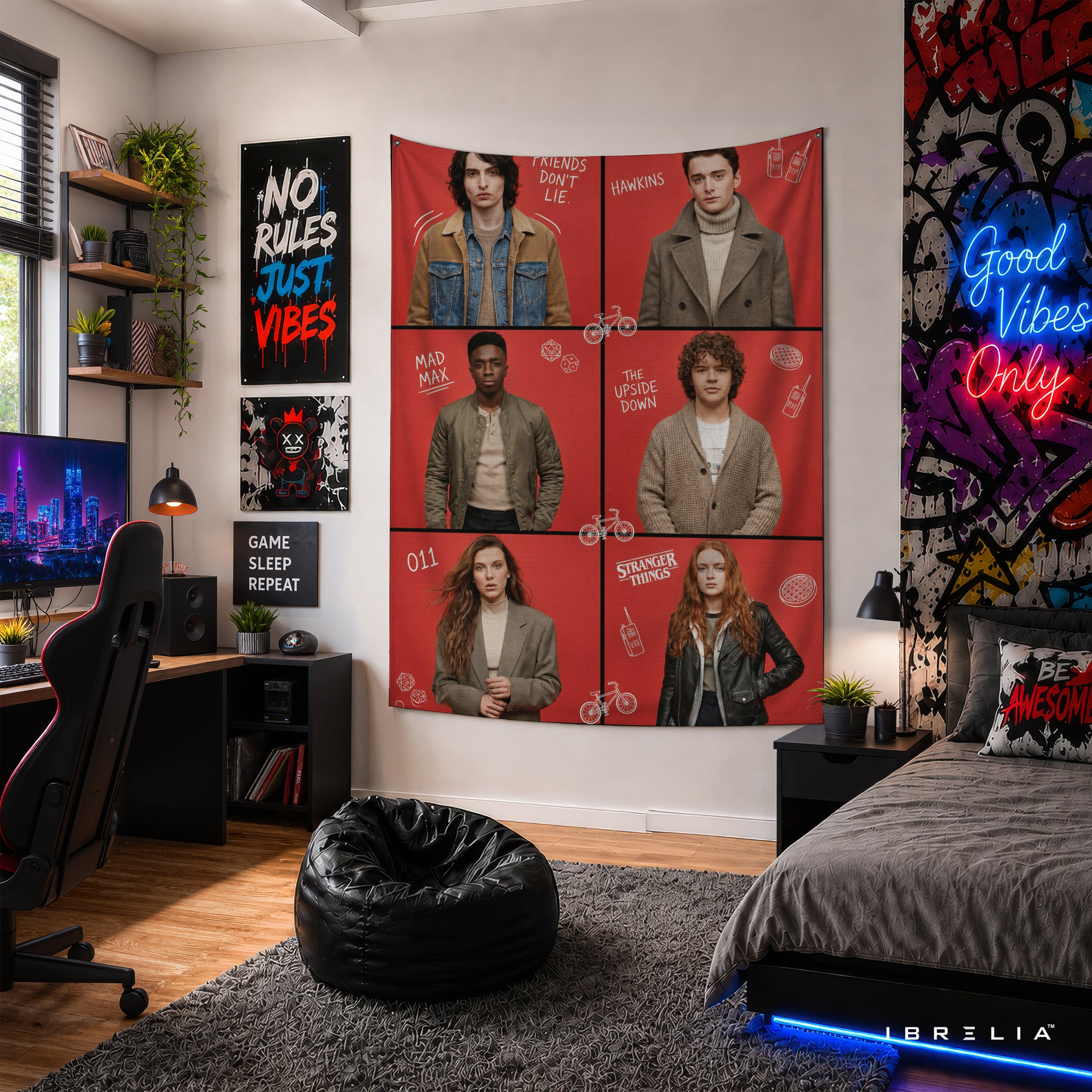 Stranger Things Character Collage Wall Tapestry – Hawkins Friends Wall Hanging