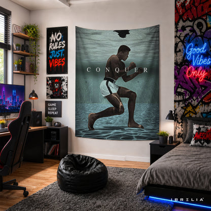 Muhammad Ali Conquer Wall Tapestry | Premium Heavyweight Jute Fabric Wall Hanging
