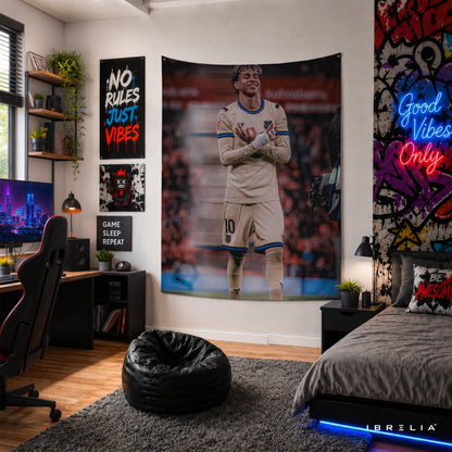Lamine Yamal Signature Celebration Wall Tapestry | Premium Heavyweight Jute Fabric Wall Hanging