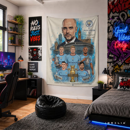 Pep Guardiola Manchester City Legend Wall Tapestry | Premium Heavyweight Jute Fabric Wall Hanging