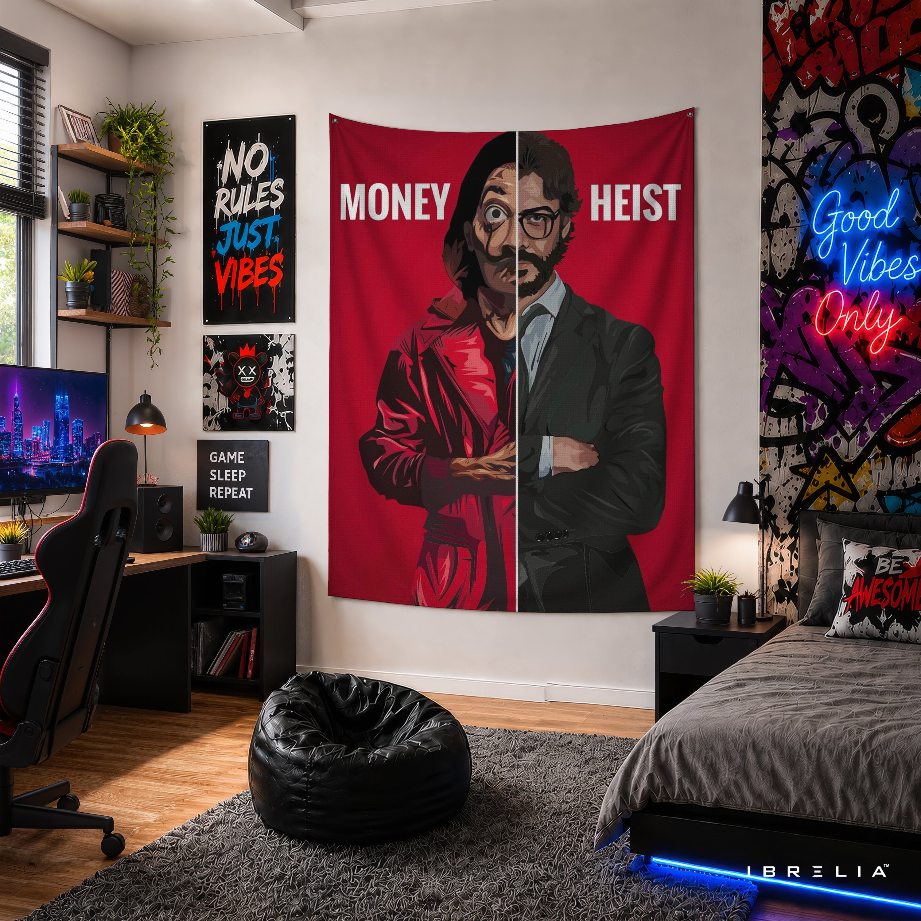 Money Heist Professor Split Design Wall Tapestry | Premium Heavyweight Jute Fabric Wall Hanging