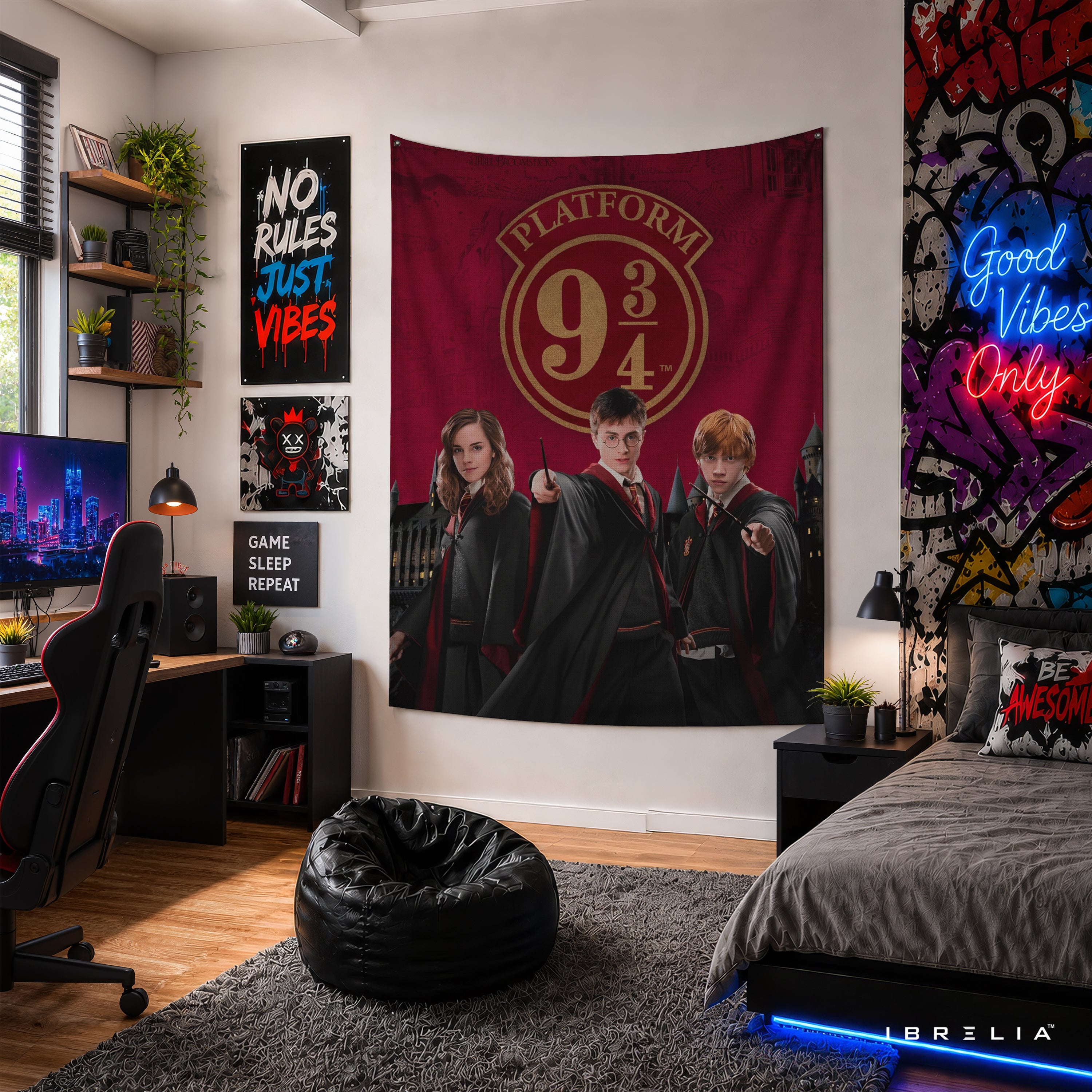 Harry Potter Platform 9¾ Golden Trio Wall Tapestry – Premium Fantasy Wall Hanging & Home Decor in Pakistan