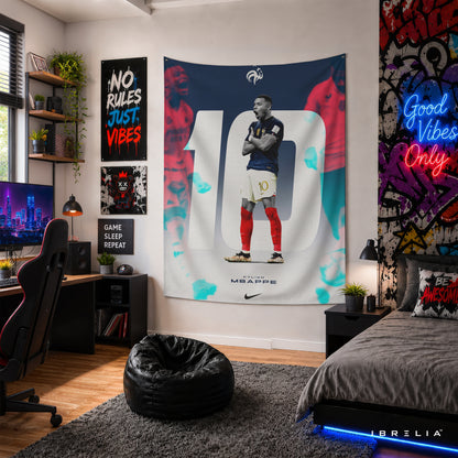 Kylian Mbappé No. 10 France Wall Tapestry | Premium Heavyweight Jute Fabric Wall Hanging