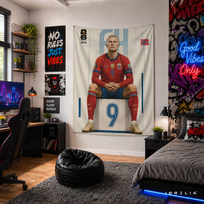 Erling Haaland Norway 2026 Wall Tapestry | Premium Heavyweight Jute Fabric Wall Hanging