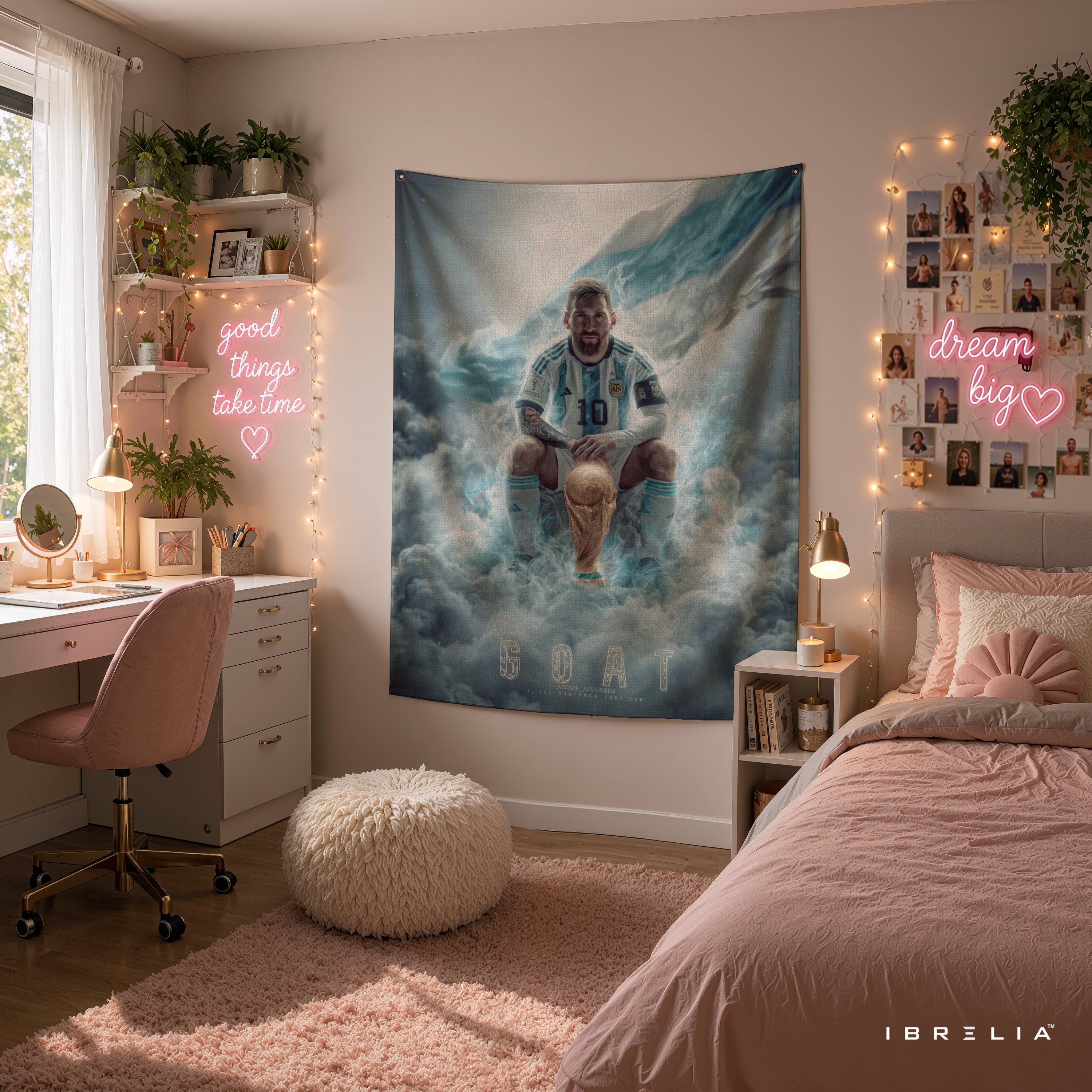 Lionel Messi GOAT World Champion Wall Tapestry | Premium Heavyweight Jute Fabric Wall Hanging