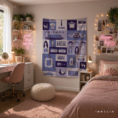Friends Icon Collage Wall Tapestry – Central Perk Minimal Sitcom Decor