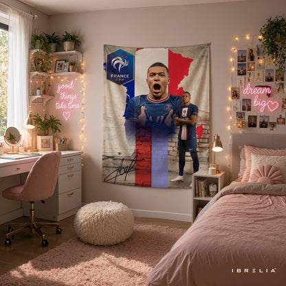 Kylian Mbappé France Champions Wall Tapestry | Premium Heavyweight Jute Fabric Wall Hanging