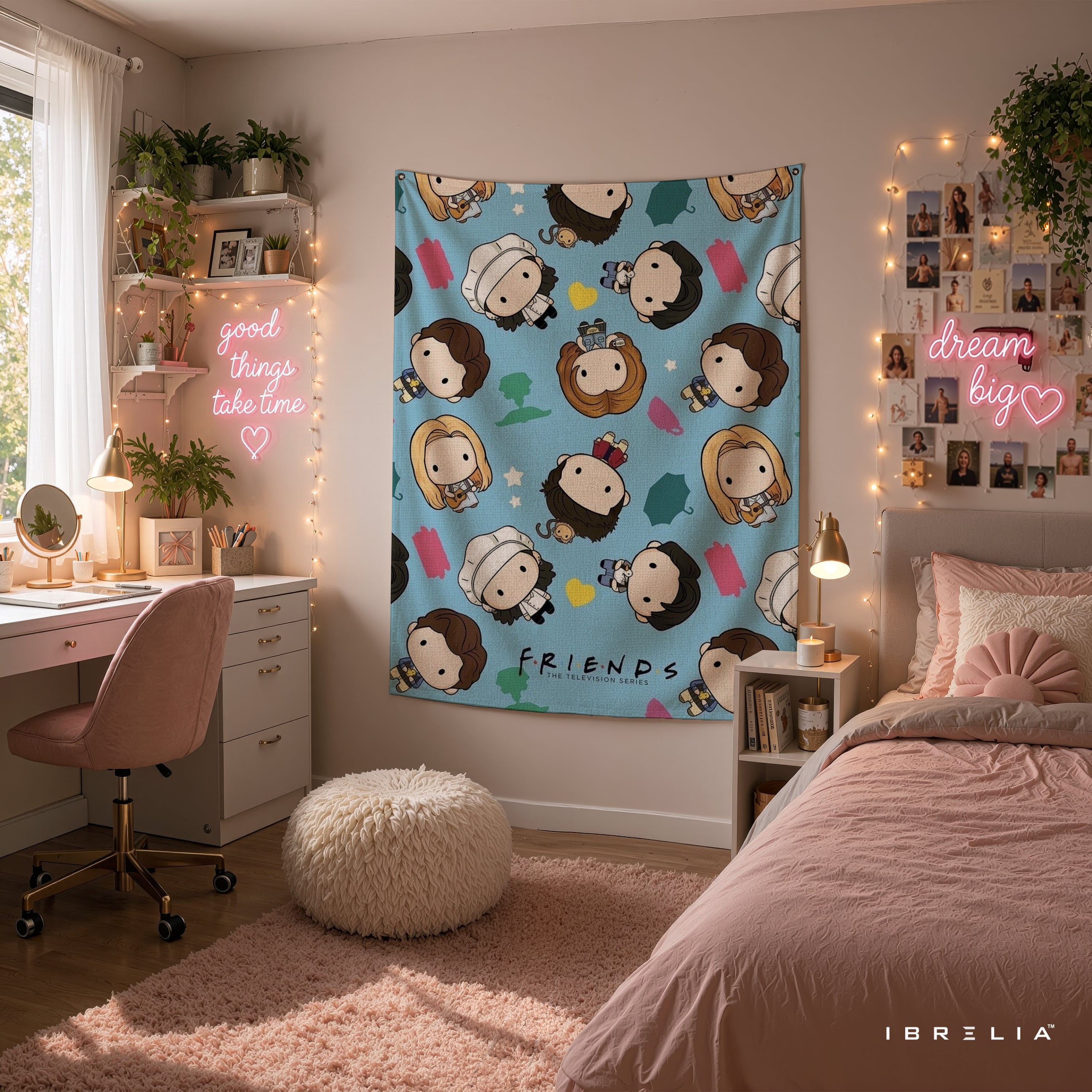 Friends Chibi Characters Wall Tapestry – Cute Cartoon Sitcom Wall Hanging