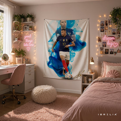 Kylian Mbappé Blue Smoke France Wall Tapestry | Premium Heavyweight Jute Fabric Wall Hanging