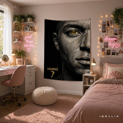 Kylian Mbappé Minimalist Portrait Wall Tapestry | Premium Heavyweight Jute Fabric Wall Hanging