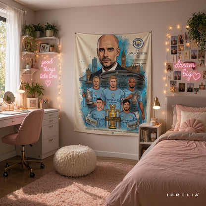 Pep Guardiola Manchester City Legend Wall Tapestry | Premium Heavyweight Jute Fabric Wall Hanging