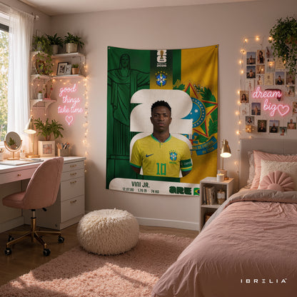 Vinícius Júnior Brazil World Cup 2026 Wall Tapestry | Premium Heavyweight Jute Fabric Wall Hanging
