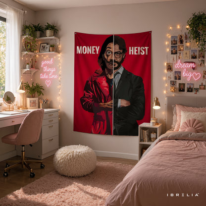Money Heist Professor Split Design Wall Tapestry | Premium Heavyweight Jute Fabric Wall Hanging