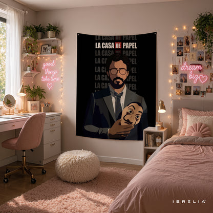 The Professor & Salvador Dalí Mask Wall Tapestry | Premium Heavyweight Jute Fabric Wall Hanging