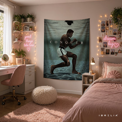 Muhammad Ali Conquer Wall Tapestry | Premium Heavyweight Jute Fabric Wall Hanging