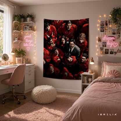 Money Heist Team Portrait Wall Tapestry | Premium Heavyweight Jute Fabric Wall Hanging