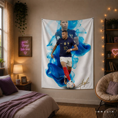 Kylian Mbappé Blue Smoke France Wall Tapestry | Premium Heavyweight Jute Fabric Wall Hanging