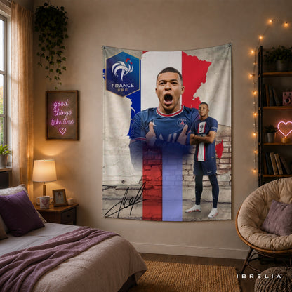 Kylian Mbappé France Champions Wall Tapestry | Premium Heavyweight Jute Fabric Wall Hanging