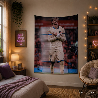 Lamine Yamal Signature Celebration Wall Tapestry | Premium Heavyweight Jute Fabric Wall Hanging
