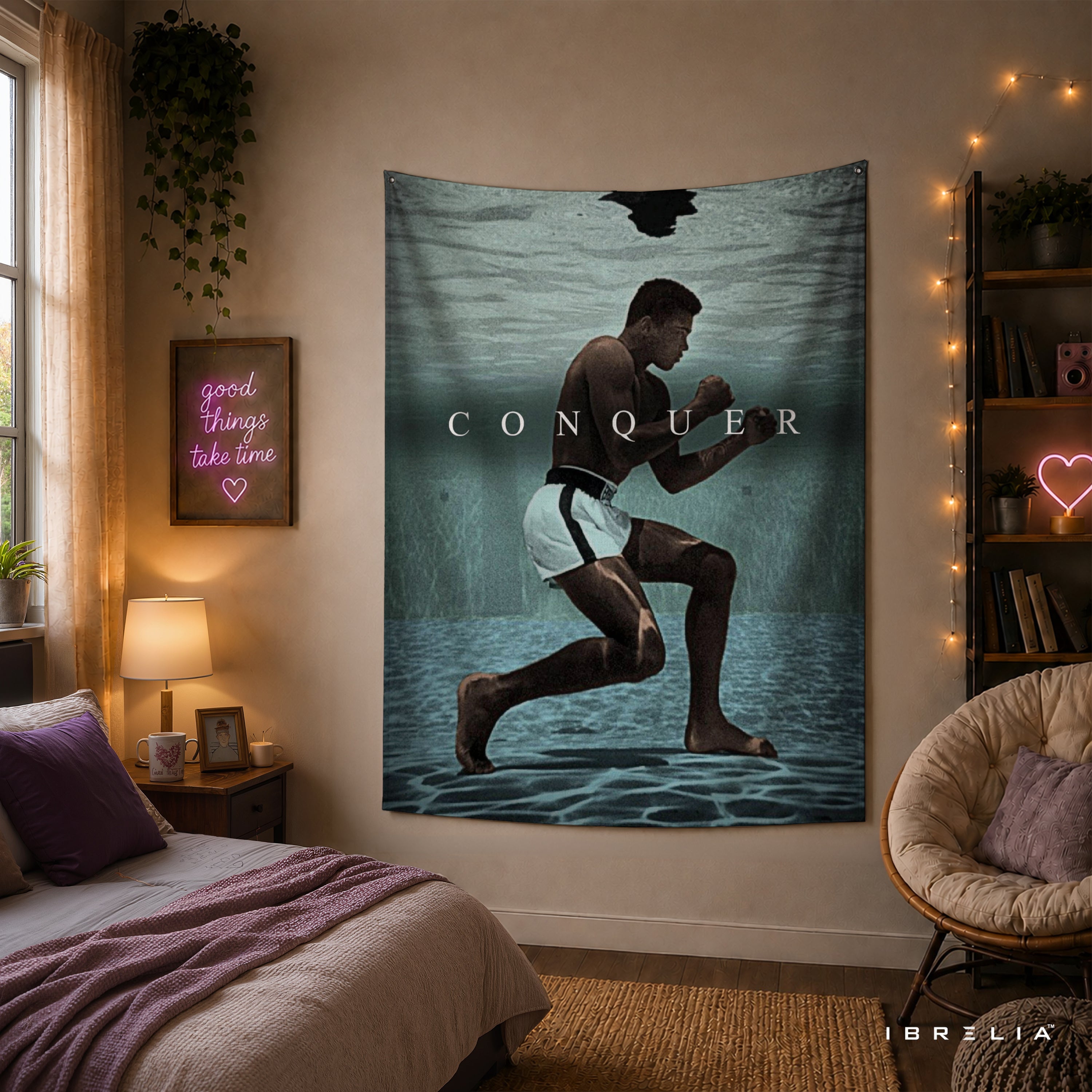 Muhammad Ali Conquer Wall Tapestry | Premium Heavyweight Jute Fabric Wall Hanging