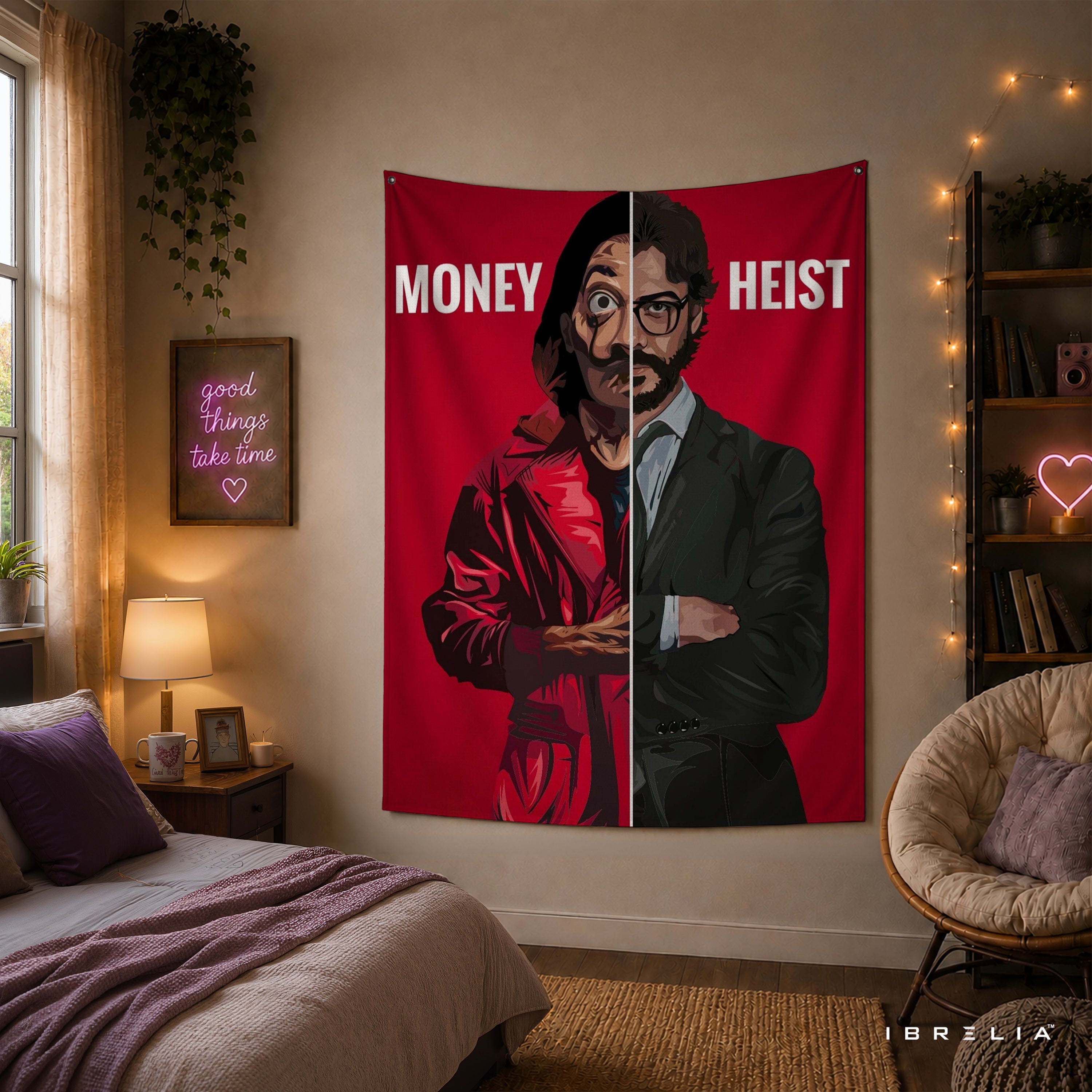 Money Heist Professor Split Design Wall Tapestry | Premium Heavyweight Jute Fabric Wall Hanging