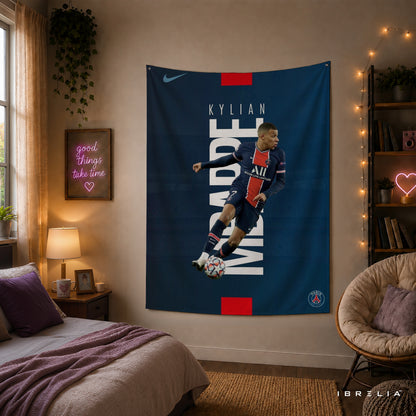 Kylian Mbappé PSG Minimalist Wall Tapestry | Premium Heavyweight Jute Fabric Wall Hanging